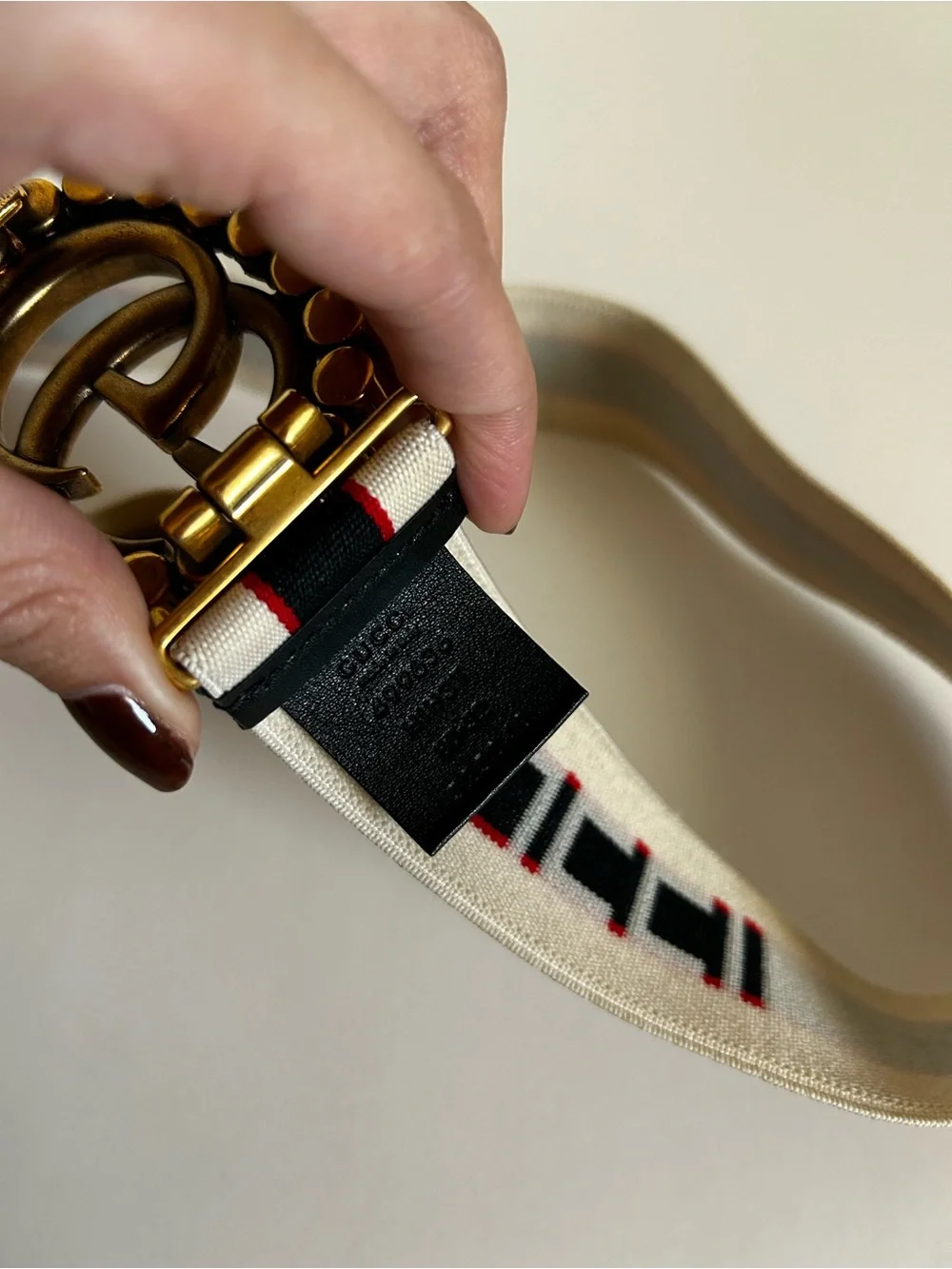 Gucci Logo Web Elasticized Belt in Ivory with Red & Blue Stripe